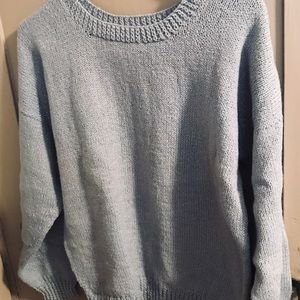 Homemade hand knit pullover in smoke blue w/silver